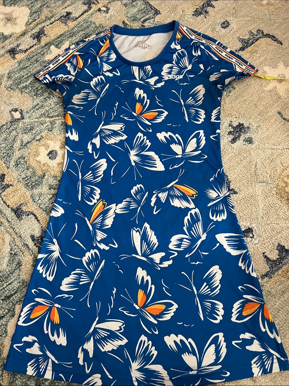 adidas Blue Butterfly Print Midi Dress with White and Orange Accents